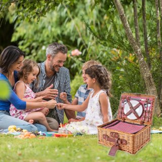 Cesta de Mimbre para Picnic - 2 Personas - Cuchillo Multifuncional Copas de Vino Nevera Cubiertos en Acero Inoxidable y Platos en cer�mica inclu�dos - Color tart�n rojo de 32 x 25 x 17 cm