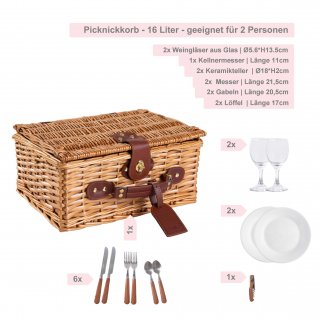 Cesta de Mimbre para Picnic - 2 Personas - Cuchillo Multifuncional Copas de Vino Nevera Cubiertos en Acero Inoxidable y Platos en cer�mica inclu�dos - Color tart�n rojo de 32 x 25 x 17 cm