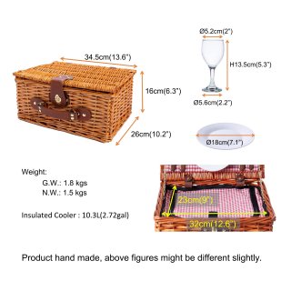 eGenuss Wicker Picnic Basket for 2 People - Cooler, Multifunction Knife, Stainless Steel Cutlery, Plates and Wine Glasses Included - Red Gingham Pattern 32x25x17 cm
