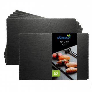 eGenuss Schieferplatten 6er-Set Servierplatten aus Naturschiefer, schwarze Dessertteller & Sushi-Teller Gastronomie Catering ? rechteckig 30x20 cm