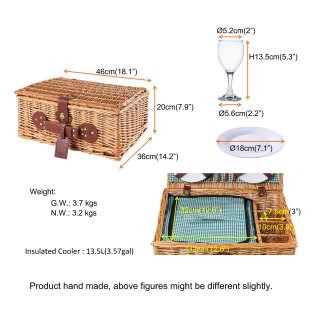 Weidengeflecht Picknickkorb mit K�hlfach & Zubeh�r-Geschirr, Besteck, Weingl�ser - Geschenkidee f�r Camping, Outdoor & Familie | F�r 4 Personen | Gr�n