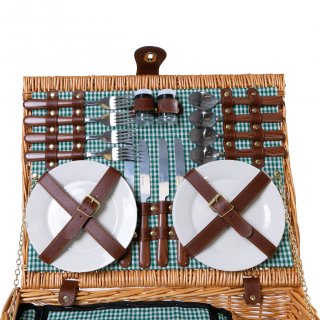 Weidengeflecht Picknickkorb mit K�hlfach & Zubeh�r-Geschirr, Besteck, Weingl�ser - Geschenkidee f�r Camping, Outdoor & Familie | F�r 4 Personen | Gr�n