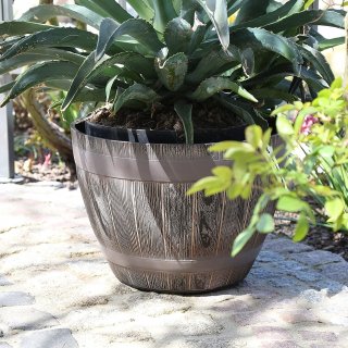 Jinfa | Pot de fleurs en plastique demi-tonneau | Marron rustique | HDFG-052-B | Diamtre : 37,5 cm, Hauteur : 27 cm | Idal pour lintrieur et lextrieur