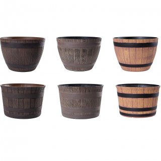 Jinfa | Pot de fleurs en plastique demi-tonneau | Marron rustique | HDFG-052-B | Diamtre : 37,5 cm, Hauteur : 27 cm | Idal pour lintrieur et lextrieur