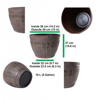 Jinfa® | Maceta de plástico en forma de barril de vino |  Marrón rústico | Diámetro: Ø 38 cm | Altura: 27 cm | Ideal para jardines, interiores