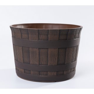 Jinfa | Vaso per fiori in plastica effetto mezza botte | Marrone scuro | HDFG-175-A | Diametro: 35 cm, Altezza: 24 cm | Ideale per interni ed esterni