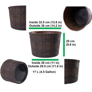 Jinfa | Maceta de plstico en forma de barril de vino |  Marrn oscuro | Dimetro:  36 cm | Altura: 25 cm | Ideal para jardines, interiores