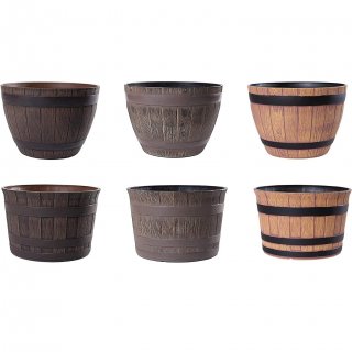 Jinfa | Maceta de plstico en forma de barril de vino |  Marrn oscuro | Dimetro:  36 cm | Altura: 25 cm | Ideal para jardines, interiores