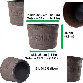 Jinfa | Pot de fleurs en plastique demi-tonneau | Marron rustique | HDFG-175-B | Diamètre : 35 cm, Hauteur : 24 cm | Idéal pour lintérieur et lextérieur