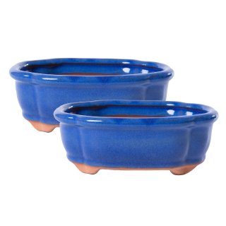 Jinfa | Set aus 2 glasierten Keramik-Bonsai-Töpfen mit Entwässerungslöchern und 2 Entwässerungsnetzen | Farbe; Blau | 15 x 11,5 x 5,5cm