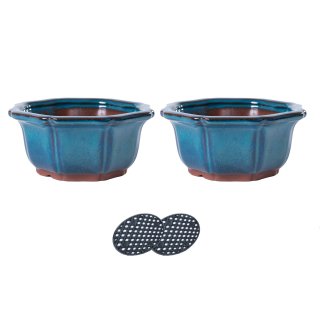 Jinfa | Set aus 2 glasierten Keramik-Bonsai-Töpfen in Octagon Form mit Entwässerungslöchern und 2 Entwässerungsnetzen | Farbe: Türkis | 14 x 14 x 7 cm