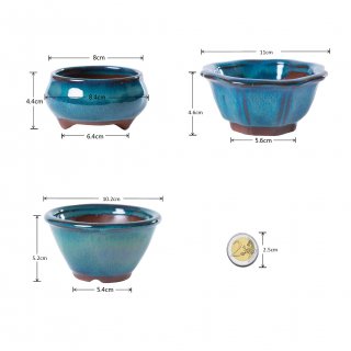 Jinfa 3 glasierte Keramik Bonsai Tpfe mit Entwsserungslchern | 3 Bambus Untersetzer + 3 Drainagegitter | Trkis