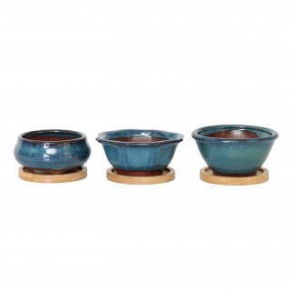 Jinfa | Set aus 3 glasierten Keramik-Bonsai-Töpfen in Mix Form mit Entwässerungslöchern, 3 Entwässerungsgittern und 3 Bambus Untersetzern| Farbe Türkis