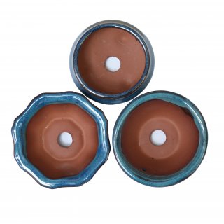 Jinfa | Set aus 3 glasierten Keramik-Bonsai-Töpfen in Mix Form mit Entwässerungslöchern, 3 Entwässerungsgittern und 3 Bambus Untersetzern| Farbe Türkis