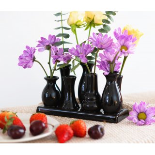 Jinfa Handgefertigte kleine Keramik Deko Blumenvasen Set aus 7 Vasen in schwarz