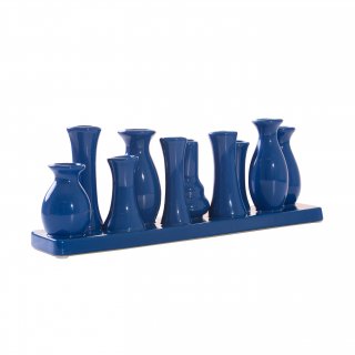 Jinfa Handgefertigte kleine Keramik Deko Blumenvasen Set aus 10 Vasen in blau auf einem Tablett