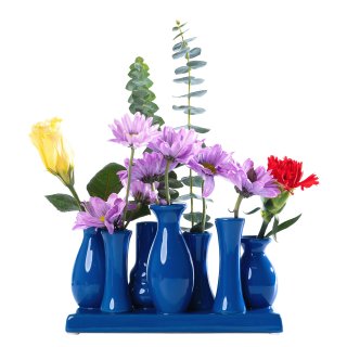 Jinfa Handgefertigte kleine Keramik Deko Blumenvasen Set aus 7 Vasen in blau
