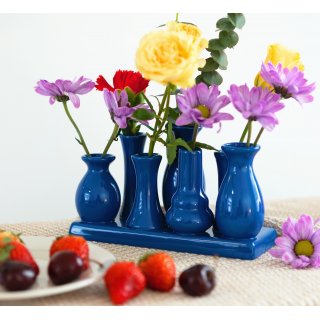 Jinfa Handgefertigte kleine Keramik Deko Blumenvasen Set aus 7 Vasen in blau