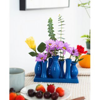 Jinfa Handgefertigte kleine Keramik Deko Blumenvasen Set aus 7 Vasen in blau