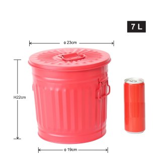 Jinfa | Galvanized metal trash bin with handles and lid | Red | Diameter  21,5 cm | Height 21,5 cm | Volume: 7 litres