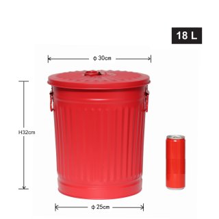 Jinfa | Bidone in metallo con manici e coperchio | Rosso |  29 cm, h 31,5 cm | Capienza 18 litri