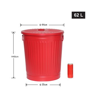 Jinfa | Cubo de basura de metal galvanizado con asas y tapa | Rojo | Dimetro  42 cm - Altura 47,5 cm | Capacidad: 62 litros