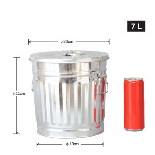 Jinfa | Cubo de basura de metal galvanizado con asas y tapa | Zinc | Dimetro  21,5 cm - Altura 21,5 cm | Capacidad: 7 litros