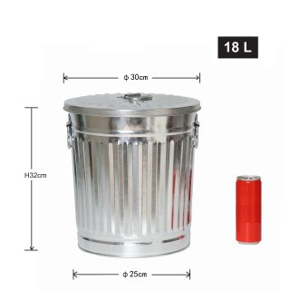 Jinfa | Cubo de basura de metal galvanizado con asas y tapa | Zinc | Dimetro  29 cm - Altura 31,5 cm | Capacidad: 18 litros