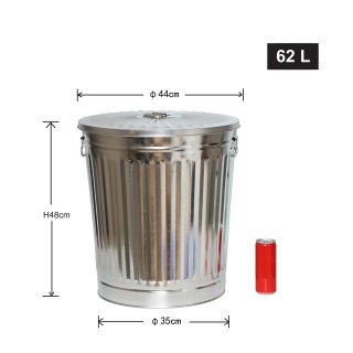 Jinfa | Cubo de basura de metal galvanizado con asas y tapa | Zinc | Dimetro  42 cm - Altura 47,5 cm | Capacidad: 62 litros