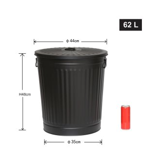 Jinfa | Cubo de basura de metal galvanizado con asas y tapa | Negro | Dimetro  42 cm - Altura 47,5 cm | Capacidad: 62 litros