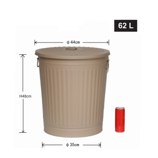 Jinfa | Cubo de basura de metal galvanizado con asas y tapa | Beige | Dimetro  42 cm - Altura 47,5 cm | Capacidad: 62 litros
