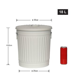 Jinfa | Cubo de basura de metal galvanizado con asas y tapa | Blanco Crema | Dimetro  29 cm - Altura 31,5 cm | Capacidad: 18 litros