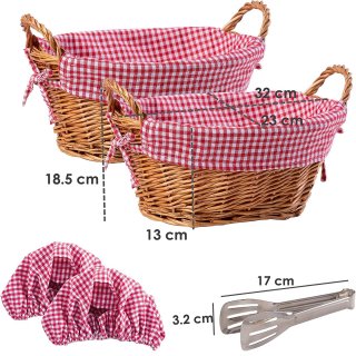 eGenuss 2 Landhausstil dicke Weiden Brotkrbe + 2 abnehmbare Baumwolle Liner + 2 Baumwolle atmungsaktiv Korb Abdeckungen + 1 Edelstahl-Zange | Rot