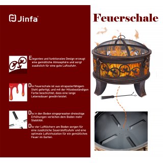 Jinfa® Feuerschale All-inklusive-Set Feuerstelle mit Grillrost, Schürhaken, Funkenschutzhaube, Buchenholz & Feuer Anzünder inklusive