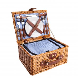 eGenuss Handgefertigtes Picknickkorb für 2 Personen ? Kühlfach, Multifunktionsmesser, Edelstahlbesteck, Teller und Weingläser inklusive - Blaues Gingham-Muster