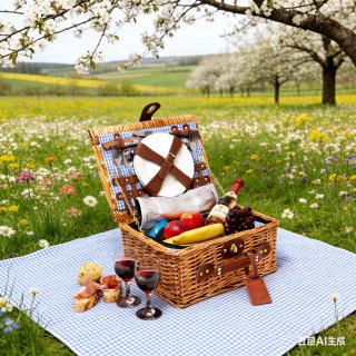 eGenuss Handgefertigtes Picknickkorb f�r 2 Personen ? K�hlfach, Multifunktionsmesser, Edelstahlbesteck, Teller und Weingl�ser inklusive - Blaues Gingham-Muster