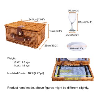 eGenuss Handgefertigtes Picknickkorb für 2 Personen ? Kühlfach, Multifunktionsmesser, Edelstahlbesteck, Teller und Weingläser inklusive - Blaues Gingham-Muster
