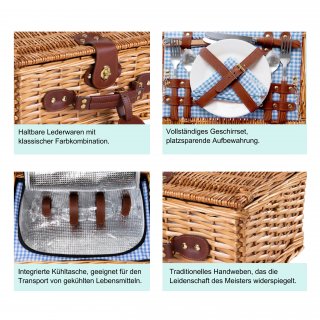 eGenuss Handgefertigtes Picknickkorb f�r 2 Personen ? K�hlfach, Multifunktionsmesser, Edelstahlbesteck, Teller und Weingl�ser inklusive - Blaues Gingham-Muster