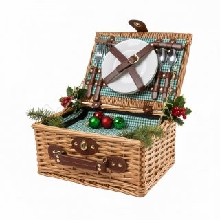 eGenuss Handgefertigtes Picknickkorb f�r 2 Personen ? K�hlfach, Multifunktionsmesser, Edelstahlbesteck, Teller und Weingl�ser inklusive - GR�N Gingham-Muster