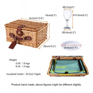 eGenuss Handgefertigtes Picknickkorb für 2 Personen ? Kühlfach, Multifunktionsmesser, Edelstahlbesteck, Teller und Weingläser inklusive - GRÜN Gingham-Muster