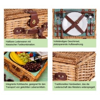 eGenuss Handgefertigtes Picknickkorb f�r 2 Personen ? K�hlfach, Multifunktionsmesser, Edelstahlbesteck, Teller und Weingl�ser inklusive - GR�N Gingham-Muster