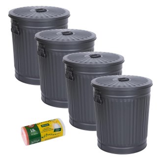 Jinfa 4er-Set Retrodesign Mlleimer mit Griffen und Deckel + 50 Mllbeutel | schwarz | 18L