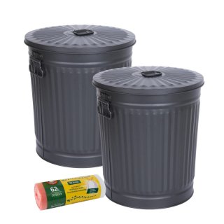 Jinfa 2er-Set Retrodesign Mlleimer mit Griffen und Deckel + 30 Mllbeutel | schwarz | 62L