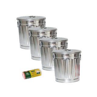 Jinfa 4er-Set Retrodesign M�lleimer mit Griffen und Deckel + 50 M�llbeutel | Zink| 18L