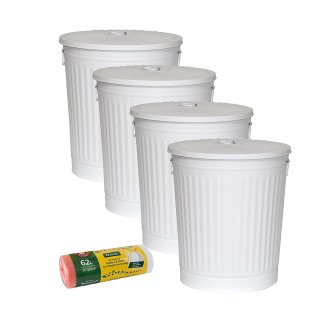 Jinfa 4er-Set Retrodesign Mlleimer mit Griffen und Deckel + 30 Mllbeutel | Mattwei| 62L