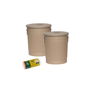 Jinfa 2er-Set Retrodesign Mlleimer mit Griffen und Deckel + 50 Mllbeutel | Beige | 18L