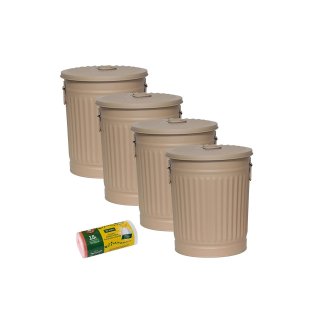 Jinfa 4er-Set Retrodesign Mlleimer mit Griffen und Deckel + 50 Mllbeutel | Beige | 18L