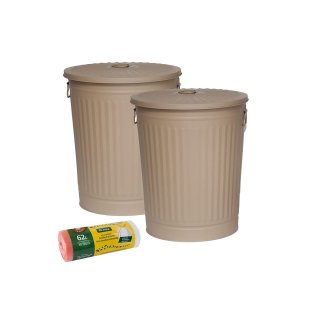 Jinfa 2er-Set Retrodesign Mlleimer mit Griffen und Deckel + 30 Mllbeutel | Beige | 62L