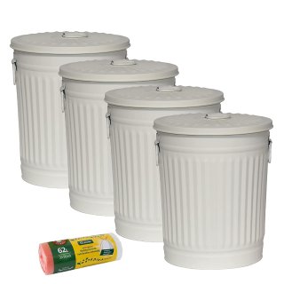 Jinfa 4er-Set Retrodesign Mlleimer mit Griffen und Deckel + 30 Mllbeutel | Cremewei | 62L