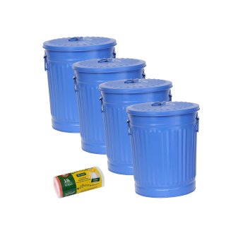 Jinfa 4er-Set Retrodesign Mlleimer mit Griffen und Deckel + 50 Mllbeutel | Blau | 18L